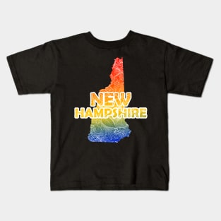 Colorful mandala art map of New Hampshire with text in blue, yellow, and red Kids T-Shirt